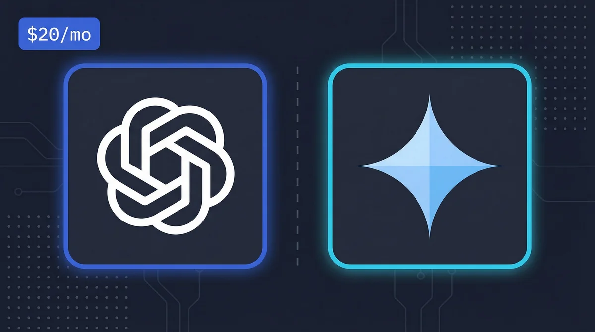 OpenAI ChatGPT logo with $20/mo subscription versus a generative AI sparkle icon, on a dark technical background.