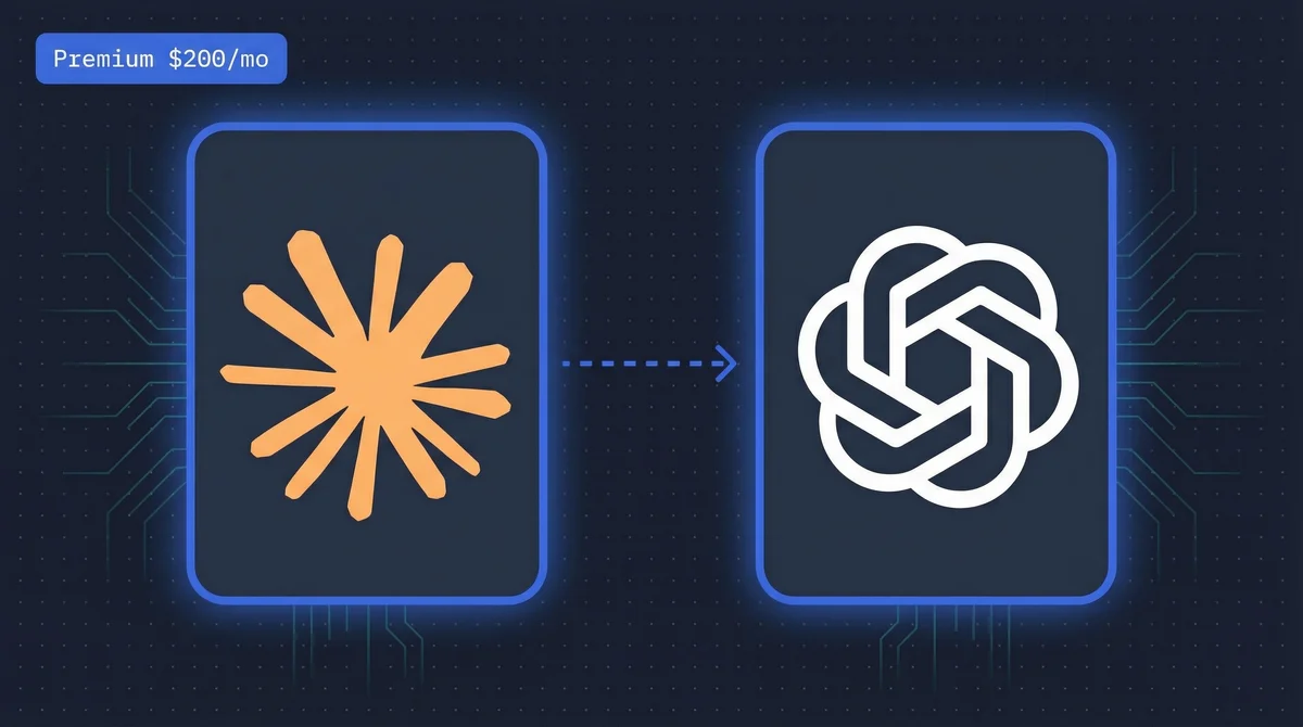 Diagram comparing Anthropic Claude AI and OpenAI logos, linked by an arrow, with a 'Premium $200/mo' label.