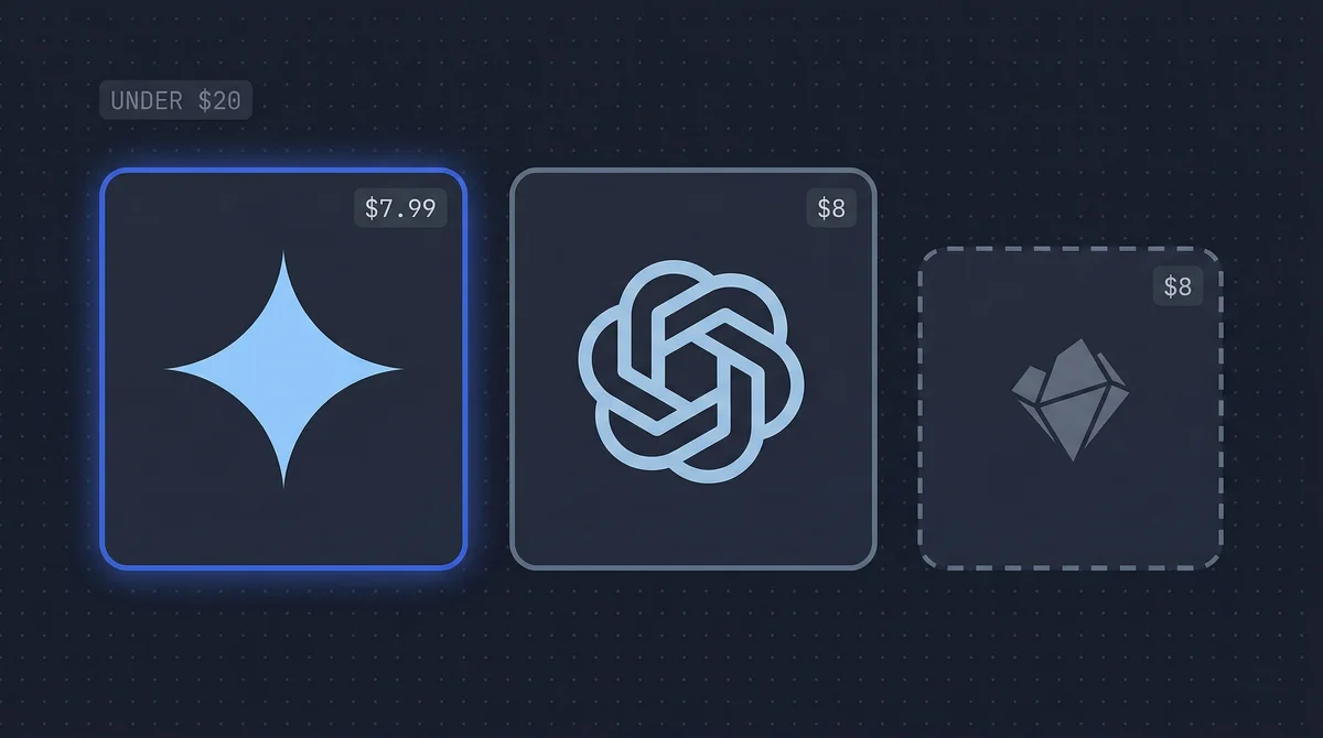 UI displaying three AI model pricing cards. Selected card features a blue star for $7.99, alongside OpenAI logo card ($8) and a gem icon card ($8).