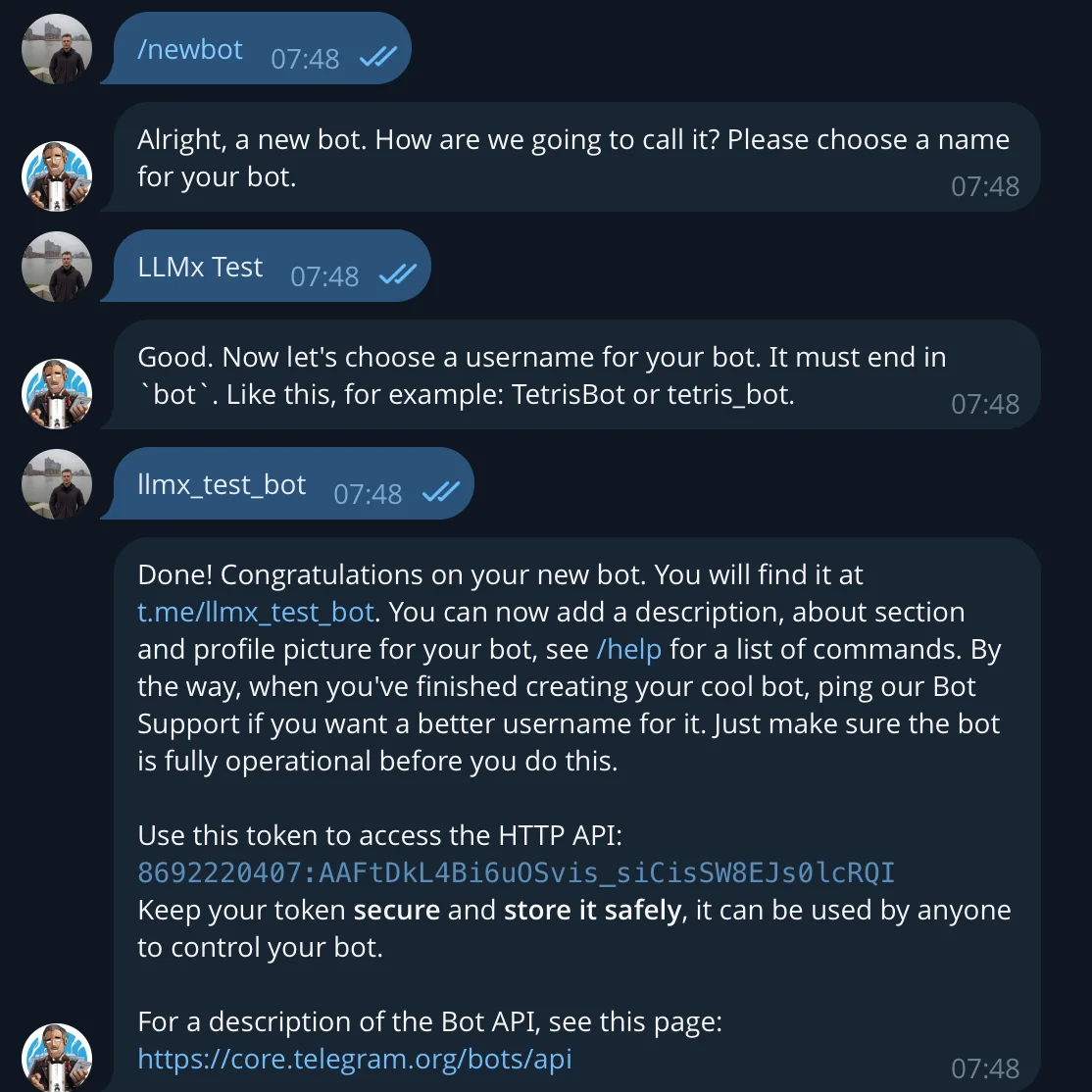 Telegram chat interface showing a new bot creation, displaying its API access token and a link to the Bot API documentation.