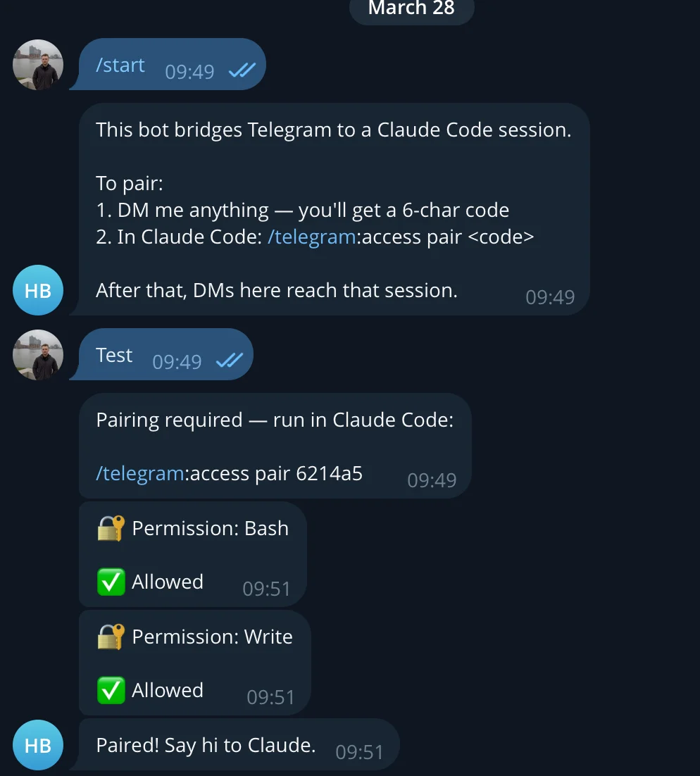 Telegram bot chat showing the pairing process with a Claude Code session, including access commands and granted Bash/Write permissions.
