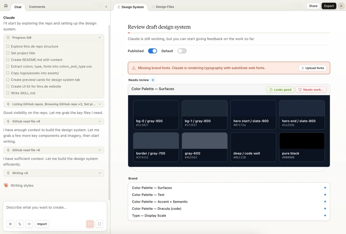 Claude AI interface displaying a draft design system review, including color palette swatches with hex codes and a warning about missing brand fonts.
