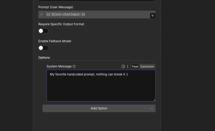 AI prompt configuration UI showing user message input via $json.chatInput expression and a fixed system message. Options for output format/fallback.