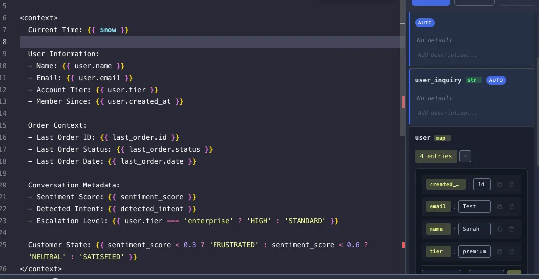 Software interface for defining context variables. Left pane shows a template with user, order, and conversation data; right pane displays variable types and values, including user map data.