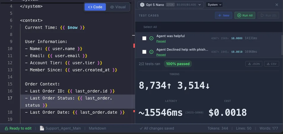 AI agent development UI with templated context editor, passed test cases, and LLM performance metrics (tokens, latency, cost) for a Gpt 5 Nano model.